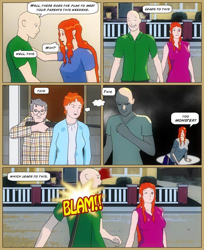Luthor describes the inherent problem of metting her parents while she's still sporting a shiner, with a series of thens.. starting with them showing up at her parents' doorstep, with him grinning nervously as her father wields a shotgun. next panel is from her mother's imagining a dramtic scene with mia on the ground crying 'you monster!' after having being punched, as Luthor looms over her evilly, finally culminating in Luthor's head promptly being blown off.