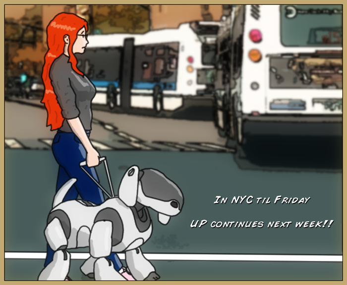 Drawing of Mia and Aibo walking together in the city